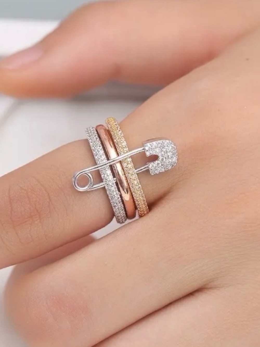 Tricolor CZ Safety Pin Ring - Rose Gold, Gold & Silver - Picture 3 of 6